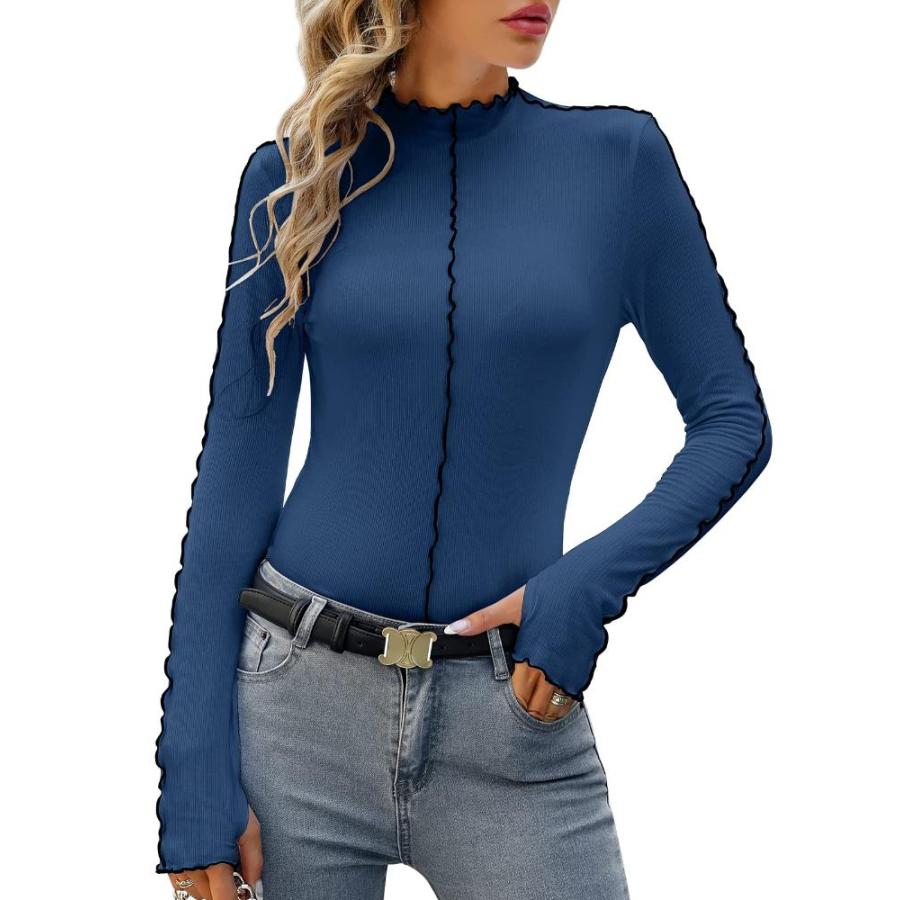 V FOR CITY Womens Long Sleeve Tops with Thumb Holes Lettuce Trim Mock