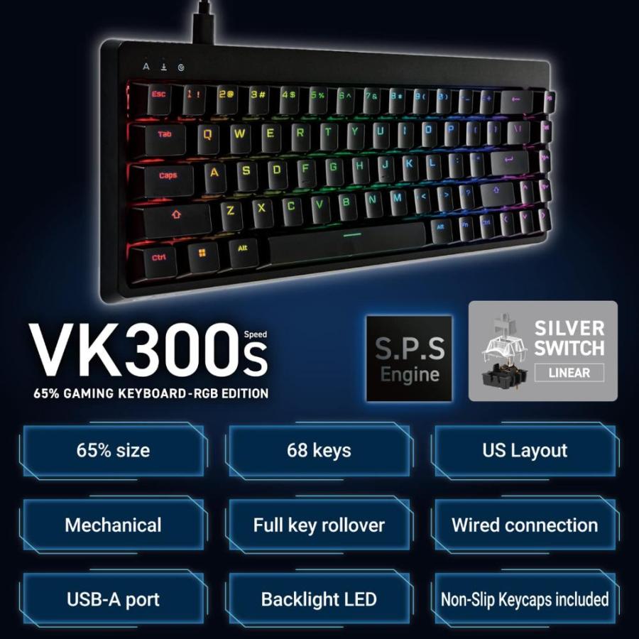 2022年のクリスマス エレコム ゲーミングキーボード V-custom VK300S US配列 有線 RGB テンキーレス 65%サイズ メカニカル 銀軸 スピードリニア