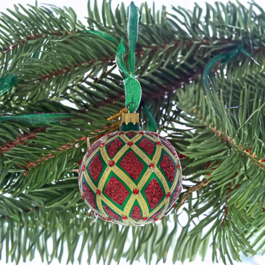 独特の素材 Elegant Glittered Red Ikat on Green Blown Glass Ball Christmas Ornament 3.2