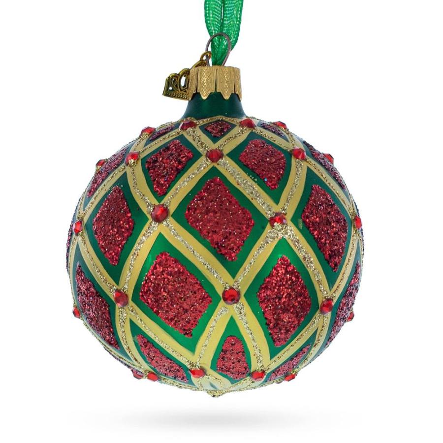 独特の素材 Elegant Glittered Red Ikat on Green Blown Glass Ball Christmas Ornament 3.2