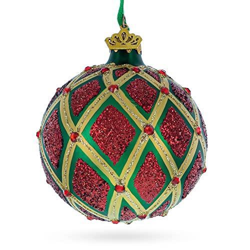 独特の素材 Elegant Glittered Red Ikat on Green Blown Glass Ball Christmas Ornament 3.2