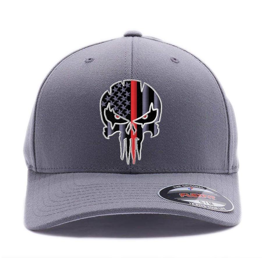 Thin Red Line and Thin Blue line Distressed Skull American Flag Flex hat |｜tactshop｜03