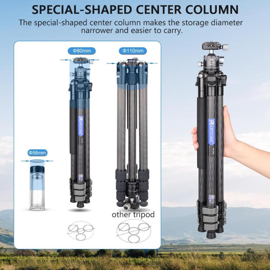 コンパクト軽量カーボンファイバー三脚 Arcaパノラマ34mmボール付き ロープロファイル三脚ヘッドフリップロック カーボントラベルカメラスタンド 取｜tactshop｜03