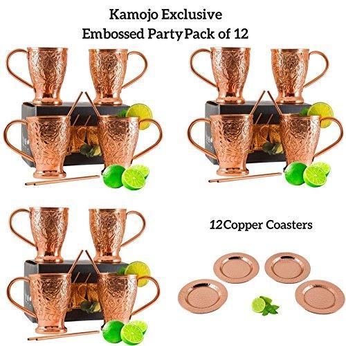 Kamojo モスコミュール 銅マグカップ エンボス加工 パーティーパック 12個パック 純銅コースターとストロー12個付き ギフトセット｜tactshop｜02