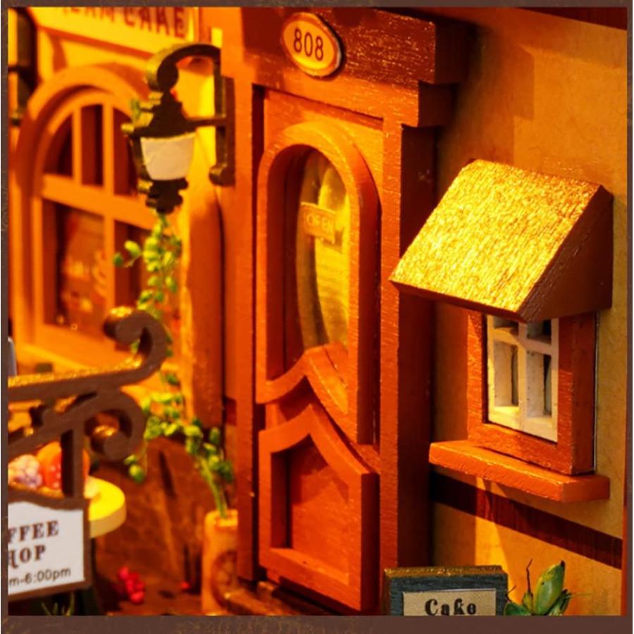 TOPBSFARNY 3D木製ブックスタンドパズル DIYドールハウス 木製ブックエンド ブックヌークモデル 組み立てキット LEDライト付き ティー｜tactshop｜05