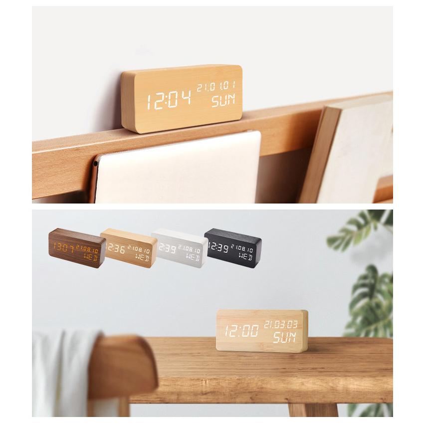 置き時計 デジタル 目覚まし時計 USB充電式 おしゃれ LED表示 クロック 置時計 大音量 内蔵バッテリー 温度計 カレンダー アラーム 木製 卓上 音感センサー |  | 08