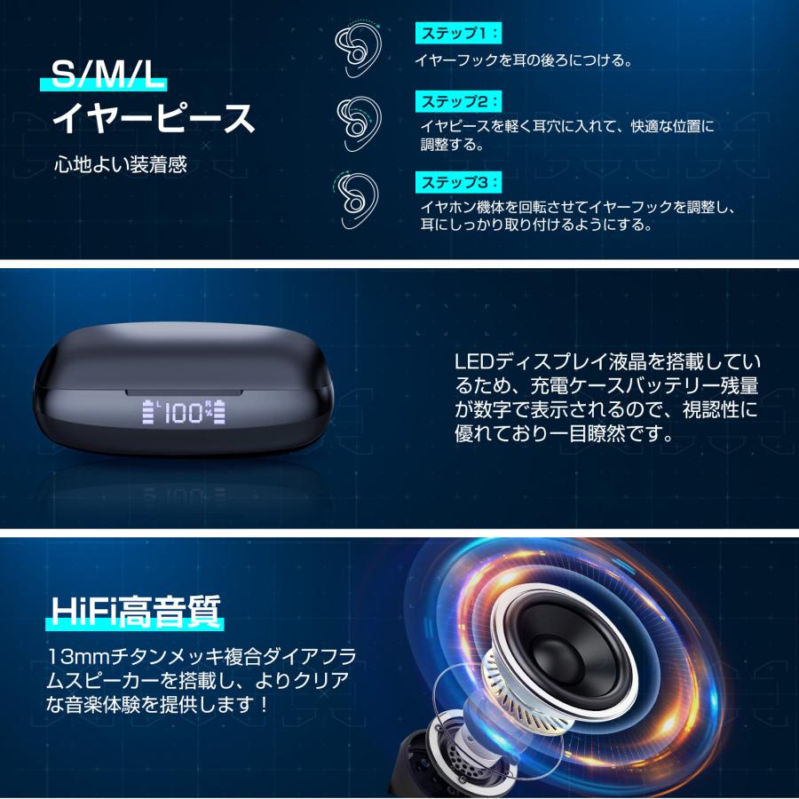 ワイヤレスイヤホン Bluetooth5.3 イヤホン ヘッドホン 耳掛け式 Hi-Fi高音質 IPX7防水 Type-C急速充電 片耳 両耳 LEDディスプレイ マイク付き |  | 07