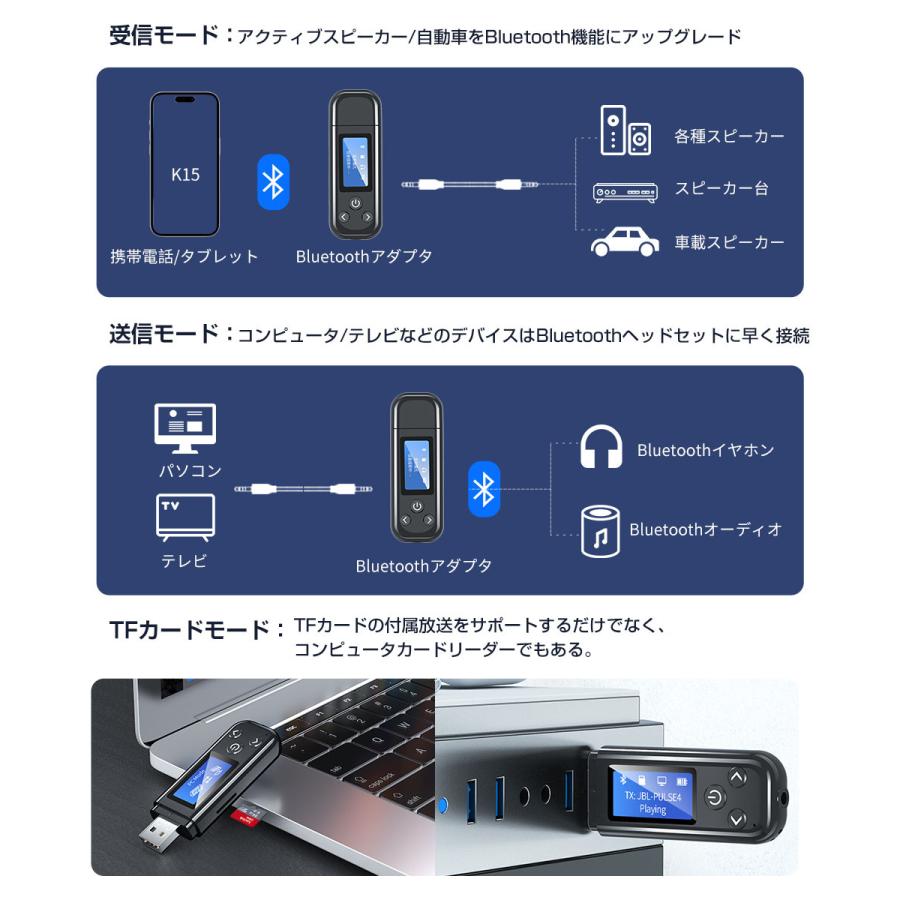 トランスミッター レシーバー Bluetooth 5.3 一台4役 LCDディスプレイ付き 送信 受信 TFカード再生 カードリーダ ハンズフリー ナビゲーション放送 低遅延 |  | 05
