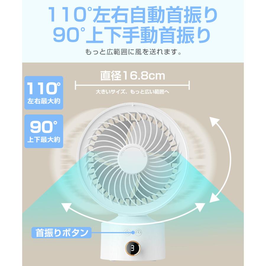 サーキュレーター 左右自動首振り USB扇風機 強力 卓上扇風機 DCモーター 扇風機 3段階風量 タイマー デジタル表示 USB充電式 空気循環 小型 |  | 08