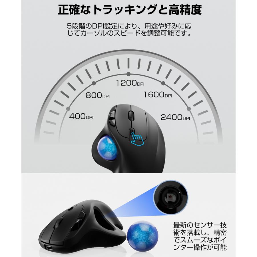 トラックボール ワイヤレスマウス Bluetooth+2.4GHz ボール ダブルモード3台同時接続 瞬時接続 トラックボールマウス Type-C充電式  無線マウス 親指 静音 |  | 03