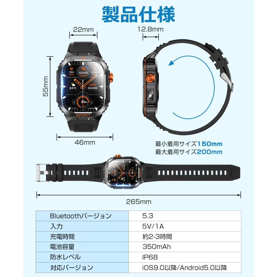 スマートウォッチ メンズ Bluetooth通話 2.01インチ 健康管理 スマートブレスレット 着信通知 IP68防水 耐衝撃 腕時計 睡眠 懐中電灯 S0S機能 350mAh D16 |  | 17