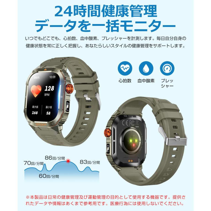 スマートウォッチ メンズ Bluetooth通話 2.01インチ 健康管理 スマートブレスレット 着信通知 IP68防水 耐衝撃 腕時計 睡眠 懐中電灯 S0S機能 350mAh D16 |  | 04