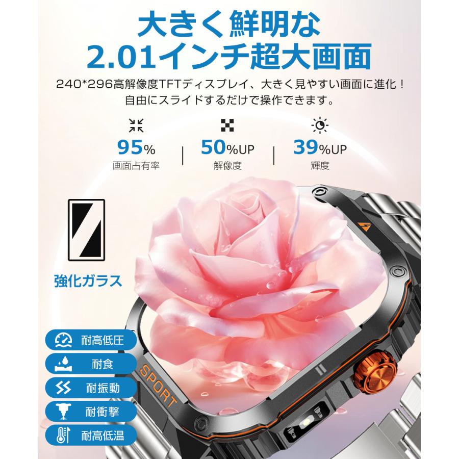 スマートウォッチ メンズ Bluetooth通話 2.01インチ 健康管理 スマートブレスレット 着信通知 IP68防水 耐衝撃 腕時計 睡眠 懐中電灯 S0S機能 350mAh D16 |  | 06