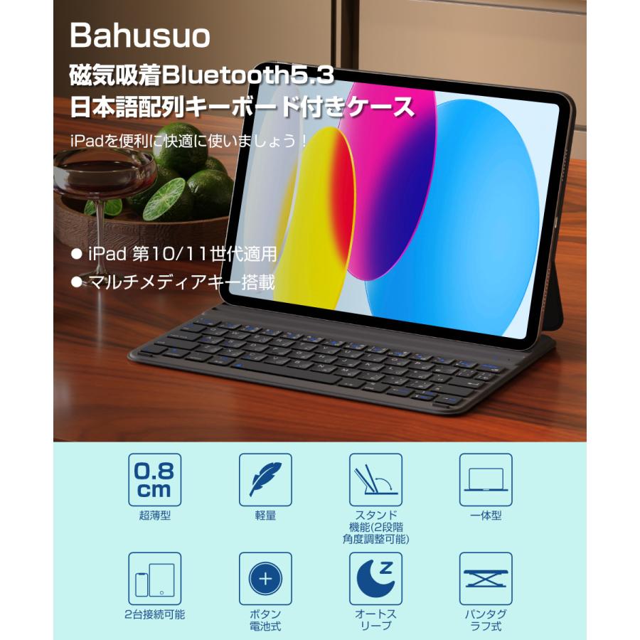 iPad A16 11世代 iPad 第10世代 10.9インチ キーボード ケース 日本語配列 磁気吸着 一体型 1300h長時間使用 超薄 軽量 Bluetooth 5.3 2台iOSデバイス接続可 |  | 02