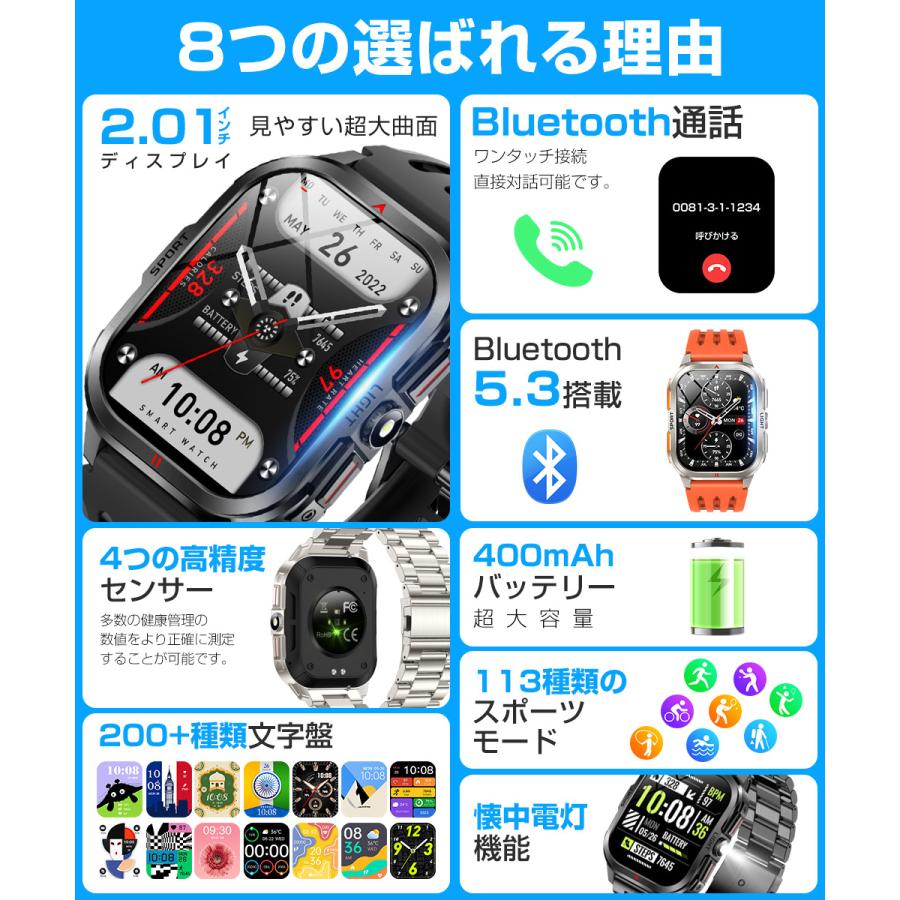 スマートウォッチ メンズ Bluetooth通話 2.01インチ曲面 血中酸素 心拍 歩数 カロリー 健康管理 着信通知 3ATM防水 リストバンド 腕時計 睡眠 400mAh大容量 |  | 06