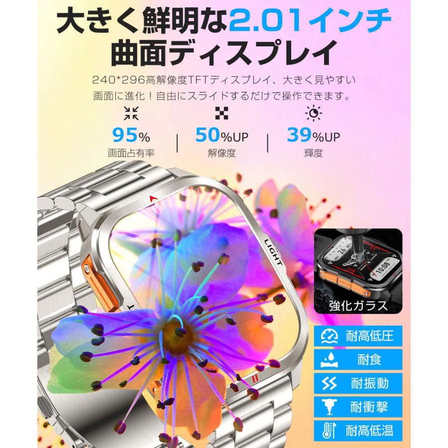 スマートウォッチ メンズ Bluetooth通話 2.01インチ曲面 血中酸素 心拍 歩数 カロリー 健康管理 着信通知 3ATM防水 リストバンド 腕時計 睡眠 400mAh大容量 |  | 10