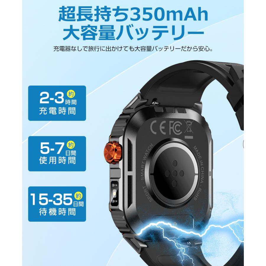 スマートウォッチ メンズ Bluetooth通話 2.01インチ 健康管理 スマートブレスレット 着信通知 IP68防水 耐衝撃 腕時計 睡眠 懐中電灯 S0S機能 350mAh D16 |  | 14