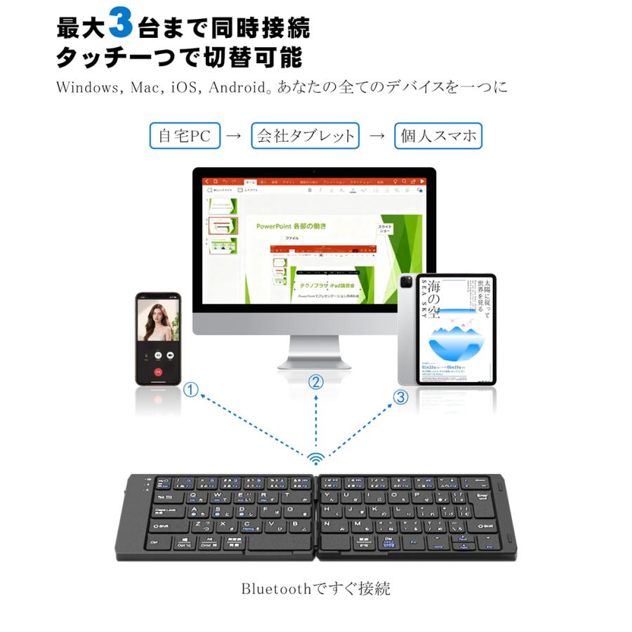 Bluetooth キーボード 折りたたみ 日本語配列 iPad ワイヤレスキーボード  iOS Android Windows Mac iPhone スマホスタンド付き 小型 Type-C充電式 軽量 薄型 |  | 03