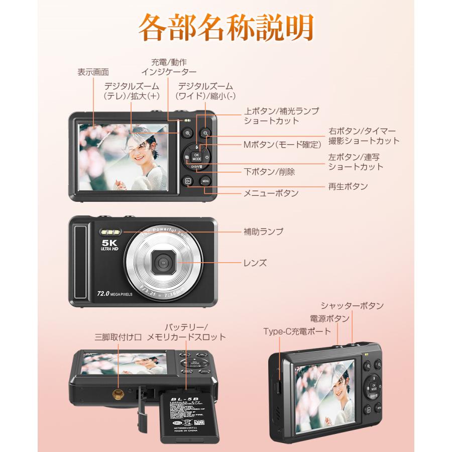 デジタルカメラ 5K録画 7200万画素 子供用トイカメラ 2.8インチ大画面 キッズカメラ 16倍ズーム 子どもカメラ タイマー撮影 2個バッテリー 32GB SDカード付き |  | 19