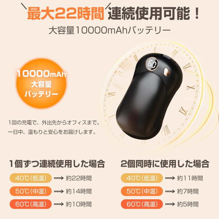 充電式カイロ マグネット分離式 電気カイロ 急速発熱 大容量10000mAh 電子カイロ 3階段温度 モバイルバッテリー機能 Type-C充電式 LEDデジタル 収納袋付き |  | 09