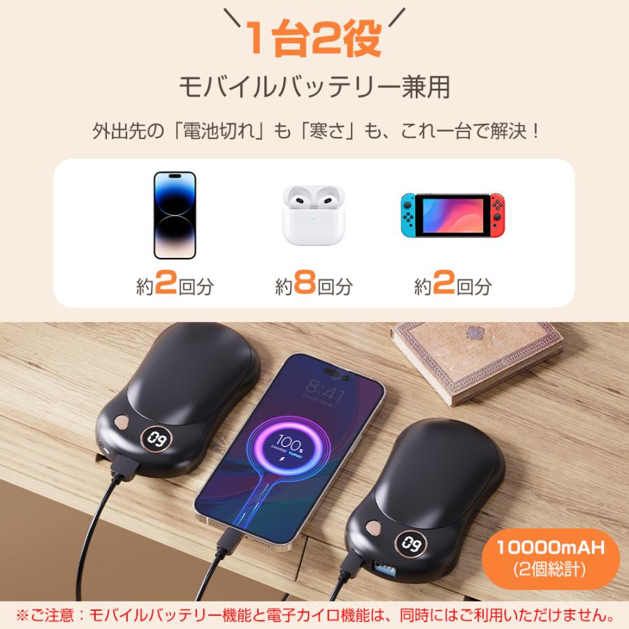 充電式カイロ マグネット分離式 電気カイロ 急速発熱 大容量10000mAh 電子カイロ 3階段温度 モバイルバッテリー機能 Type-C充電式 LEDデジタル 収納袋付き |  | 10