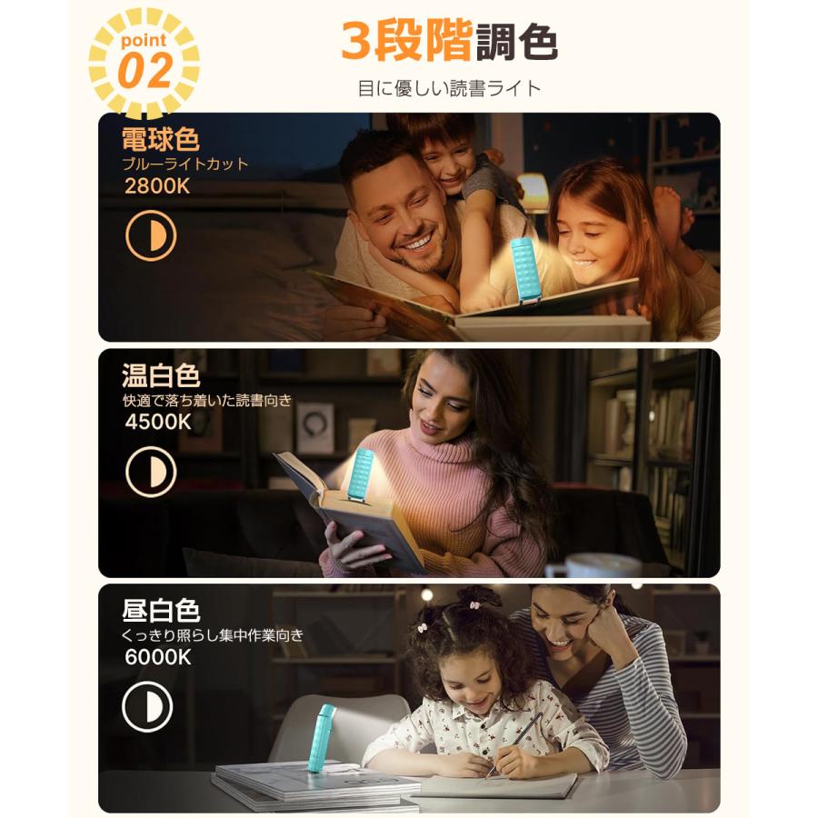 LED ブックライト クリップ型 読書ライト 充電式 読書灯 寝ながら クリップライト ベッド 目に優しい ミニ ライト 明るさ 5段階調光 3種の色温度 明るさ調整 |  | 10