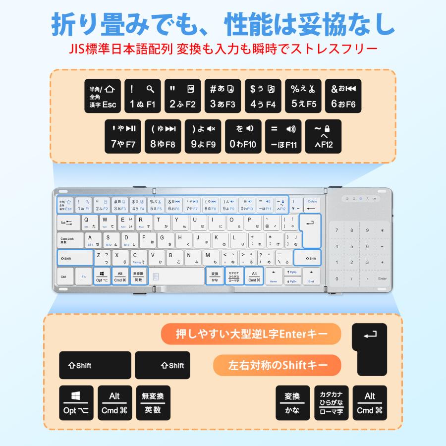 Ewin 折りたたみ キーボード Bluetooth 日本語配列 タッチパッド＆テンキー付き ワイヤレスキーボード iOS Android Windows Mac 三つ折り Type-C充電式 |  | 08