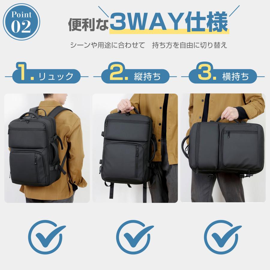 拡張できる リュック メンズ 大容量36L ビジネスバッグ 3Way リュックサック 17インチPC収納 キャリーオン PCリュック 防水 バックパック  180度開閉 男女兼用 |  | 06