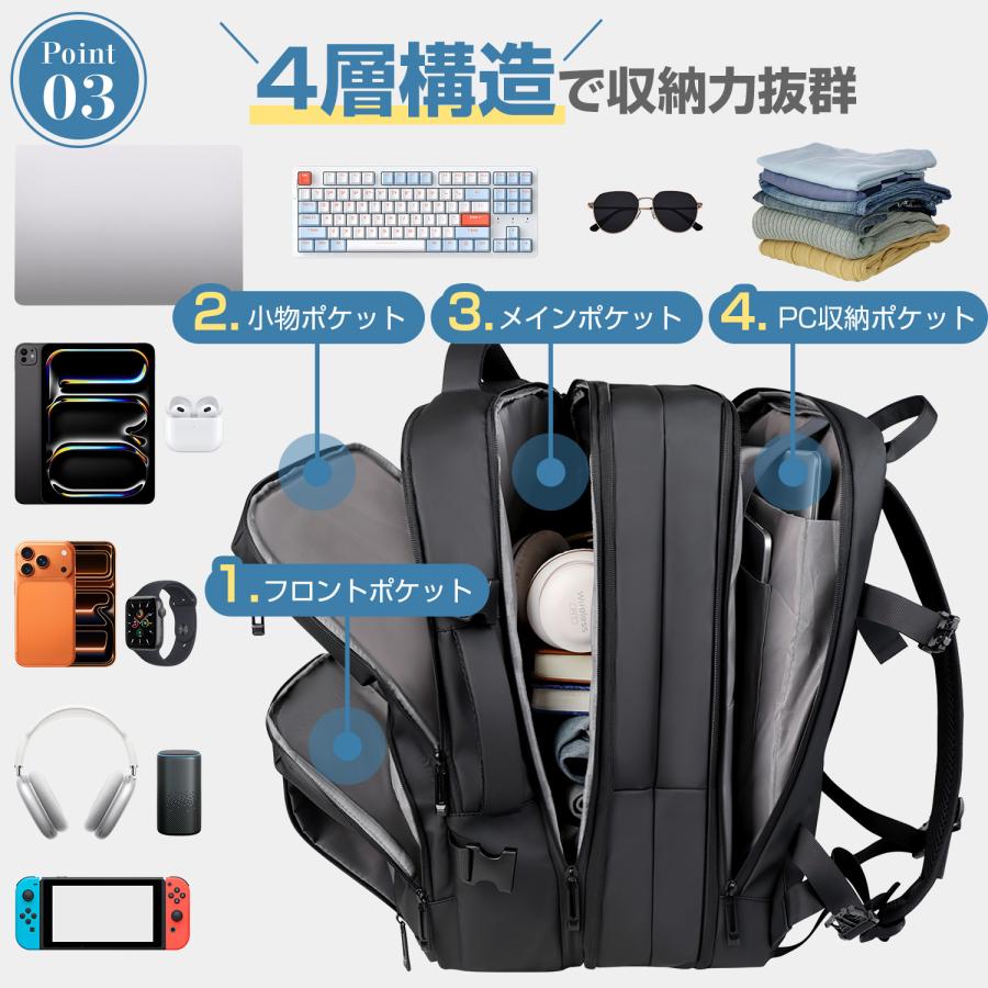 拡張できる リュック メンズ 大容量36L ビジネスバッグ 3Way リュックサック 17インチPC収納 キャリーオン PCリュック 防水 バックパック  180度開閉 男女兼用 |  | 07