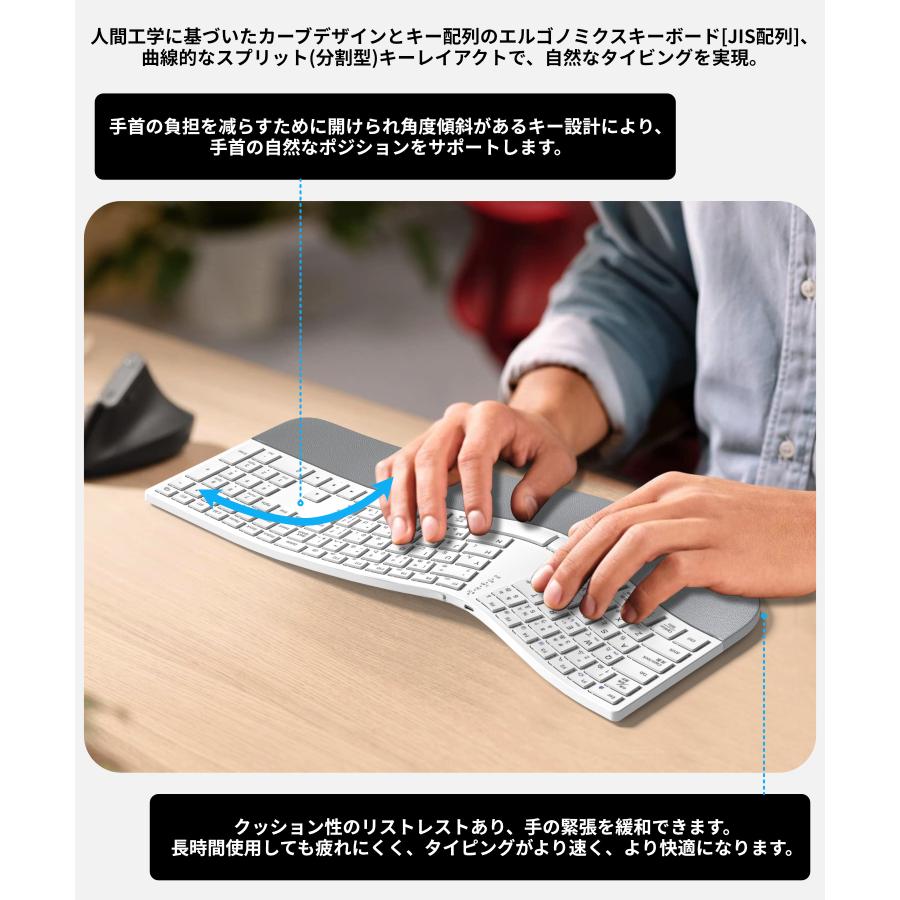 Bluetooth&2.4GHz両対応 エルゴノミクス キーボード 日本語配列 Bluetoothキーボード 3台同時接続 ワイヤレスキーボード テンキー付き 左右分離型 人間工学 |  | 05