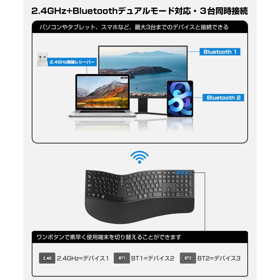 Bluetooth&2.4GHz両対応 エルゴノミクス キーボード 日本語配列 Bluetoothキーボード 3台同時接続 ワイヤレスキーボード テンキー付き 左右分離型 人間工学 |  | 07
