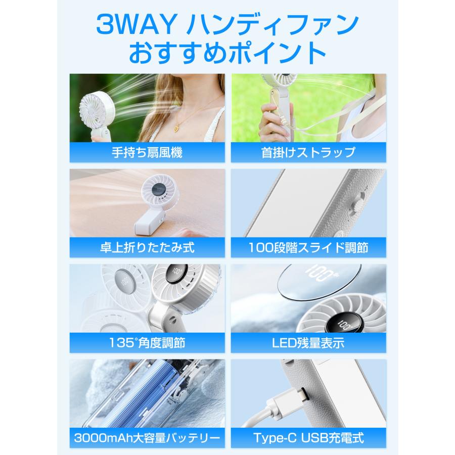 ハンディファン 強力 首掛け扇風機 100段階風量 卓上 USB扇風機 手持ち扇風機 静音 折りたたみ式扇風機 角度調整 LED残量表示 ストラップ付き 携帯扇風機 |  | 05