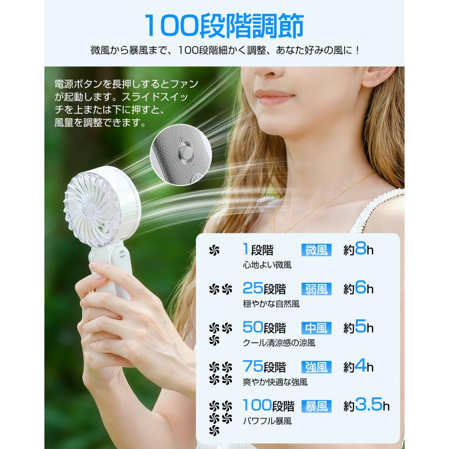 ハンディファン 強力 首掛け扇風機 100段階風量 卓上 USB扇風機 手持ち扇風機 静音 折りたたみ式扇風機 角度調整 LED残量表示 ストラップ付き 携帯扇風機 |  | 08