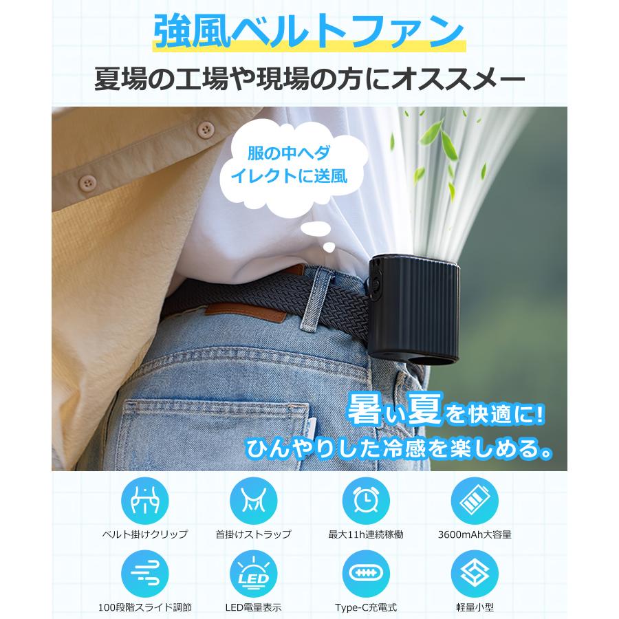 腰掛け扇風機 強力 首掛け扇風機 100段階風量 ストラップ付き ベルトファン LED残量表示 USB扇風機 静音 手持ち扇風機 Type-C充電式 卓上扇風機 携帯扇風機 |  | 04