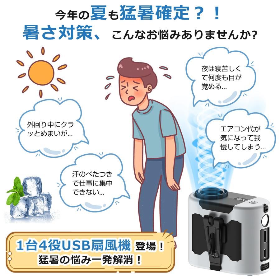 腰掛け扇風機 強力 10000mAh大容量 首掛け扇風機 ストラップ付き 5段階風量 ベルトファン モバイルバッテリー 懐中電灯 USB扇風機 腰空調ファン 手持ち扇風機 |  | 05