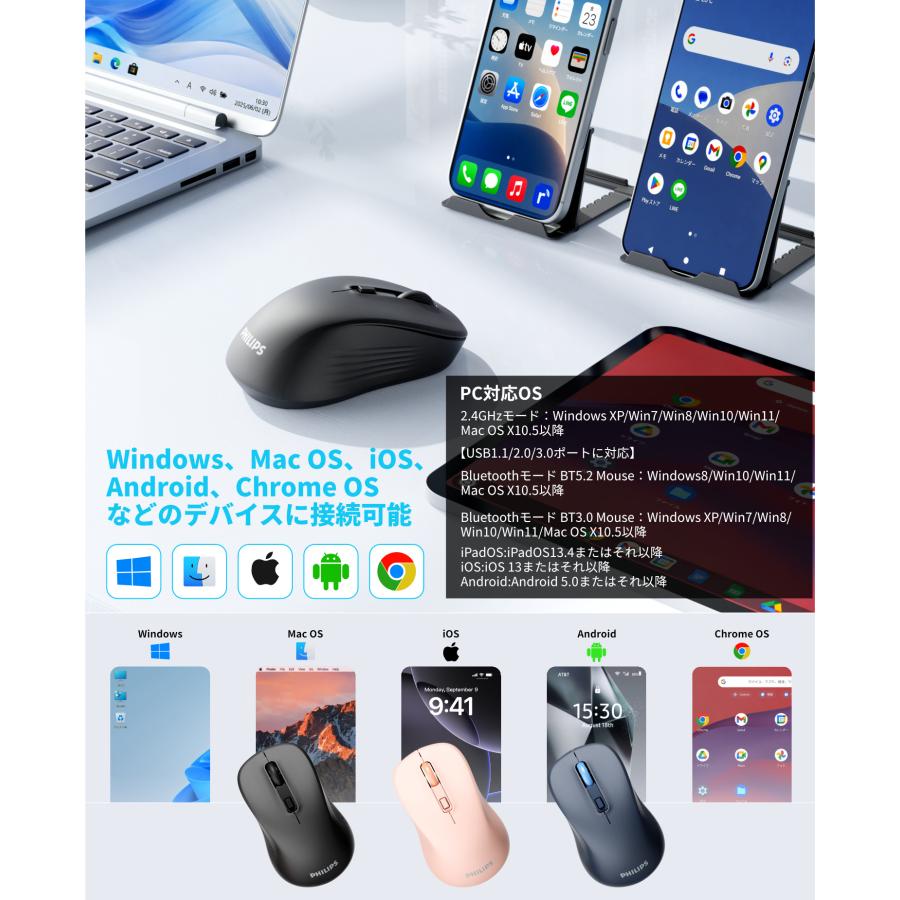マウス ワイヤレスマウス フィリップス 無線 静音 3段階DPI Windows/mac/Chromebook/iOS/iPadOS/Android 対応 軽量 小型 Bluetooth&2.4GHz |  | 07