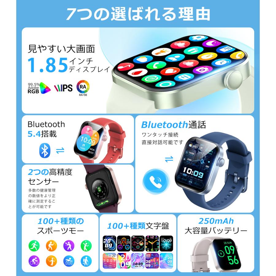 スマートウォッチ Bluetooth5.4 通話機能 IP68防水 1.85インチ 心拍 歩数計 血中酸素 着信通知 睡眠検測 生理周期 iPhone Android 腕時計 DM60 レーディス |  | 12