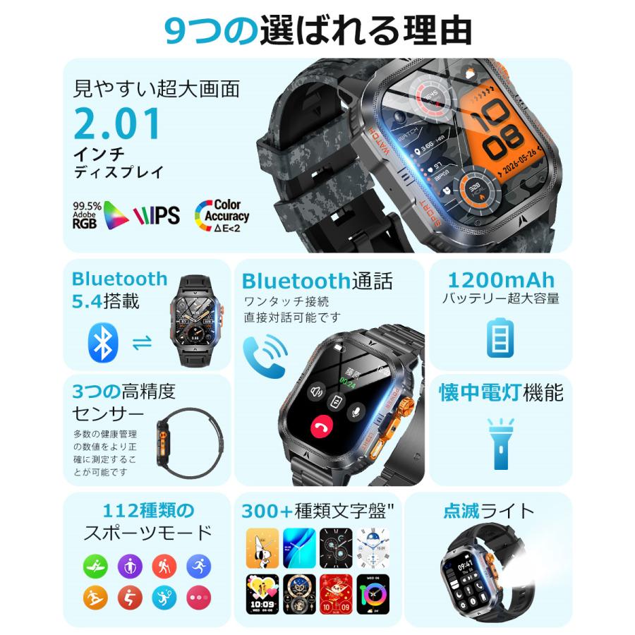 スマートウォッチ メンズ Bluetooth通話 2.01インチ 1200mAh大容量バッテリー 血中酸素 心拍 歩数 カロリー 健康管理 着信通知 IP68防水 腕時計 QS38 |  | 06