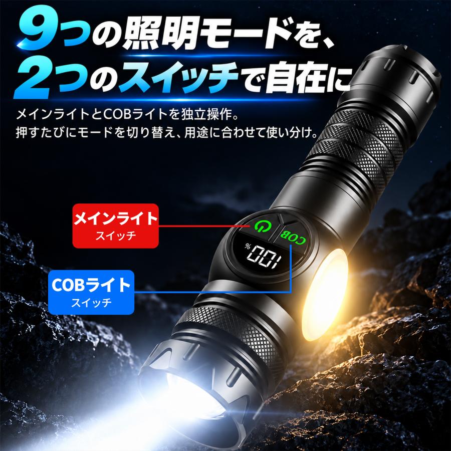 懐中電灯 LED 強力 ライト ハンディライト 高輝度 COBライト 10000ルーメン 5000mAh大容量 IPX7防水 マグネット付き 防災 ストラップ付き 充電 電池両対応 |  | 07