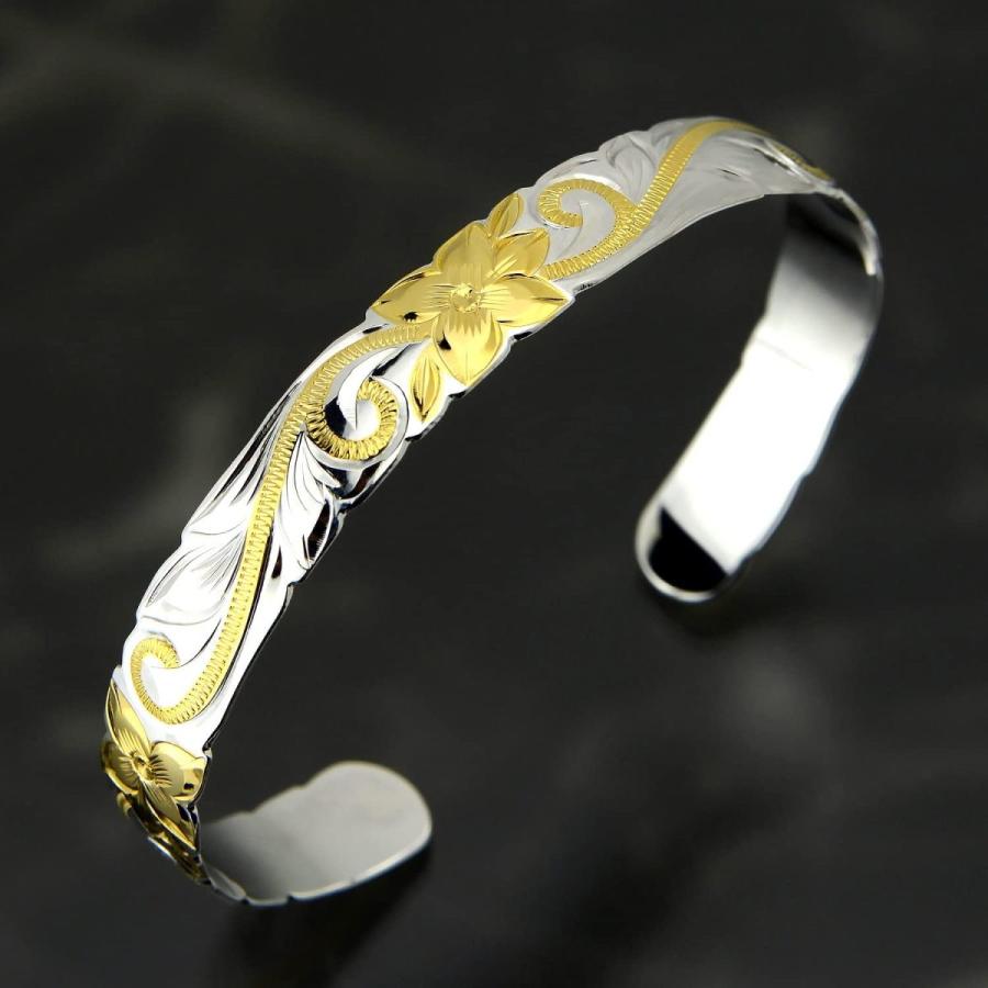 今月限定 特別大特価 レイラニ ハワイアンジュエリー 2トーン プルメリア スクロール 波 彫り カットアウト シルバー バングル シルバー925 幅10mm フリーサイズ 当日出荷 Measurementsystems Org