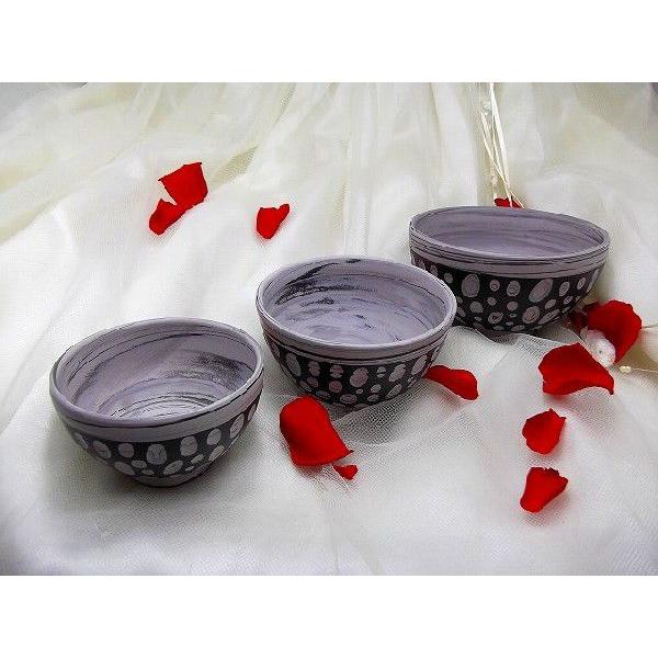 茶わん　常滑焼　憲児作 グレーライン黒水玉カット練り込み　3点セット　和陶器 |  | 02