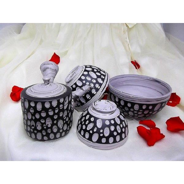 茶わん　常滑焼　憲児作 グレーライン黒水玉カット練り込み　3点セット　和陶器 |  | 03