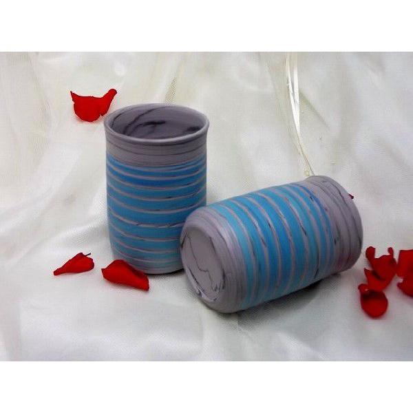 常滑焼憲児作　グレーライン 水色ボーダー練り込み夫婦湯呑,和陶器 |  | 01