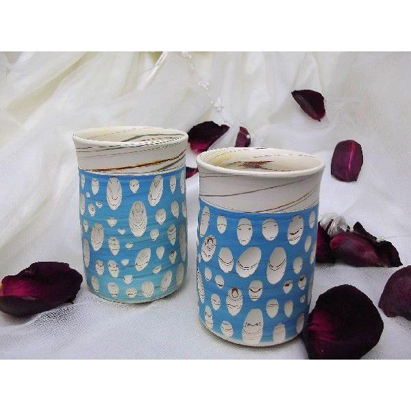 常滑焼憲児作　水色水玉カット練り込み,夫婦湯呑,和陶器 | 