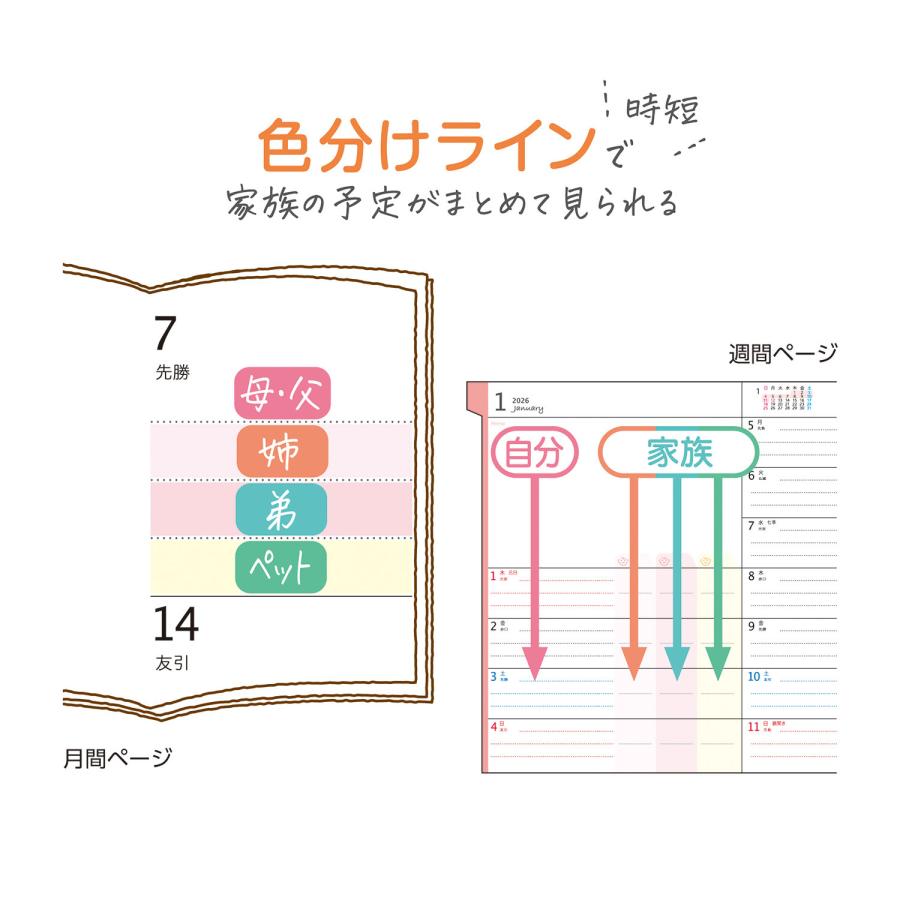 クツワ（KUTSUWA） 2026年 家族手帳 B6週間 フラワーグリーン 135SHA