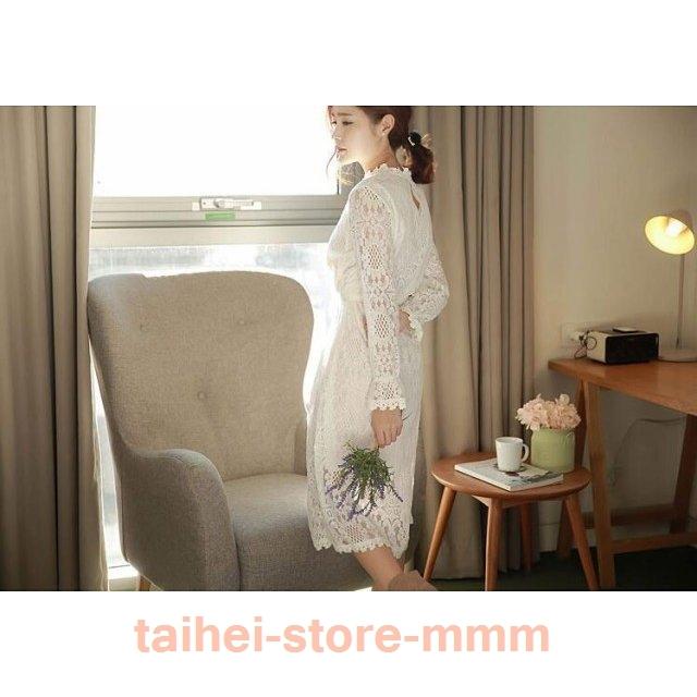 白ワンピース レディース 豪華なレース ワンピース フォーマル パーティードレス オシャレ 長袖 膝丈 ミモレ丈 結婚式 春秋 高い素材