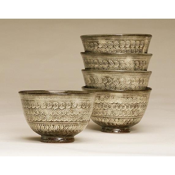 茶道具　数茶碗　古三島　５客、京焼　中村与平作、化粧箱入　新品。