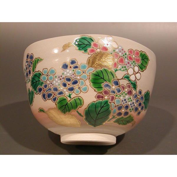 茶道具 抹茶茶碗 色絵 紫陽花（あじさい）、京焼 東福窯 中村