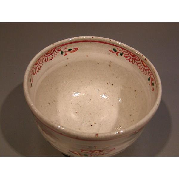茶道具 抹茶茶碗 灰釉 赤絵花鳥文「隠し文字入り」、京焼 秋峰窯 中村