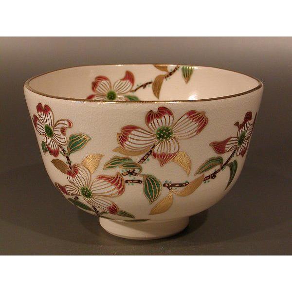 茶道具　抹茶茶碗　色絵　花水木（はなみずき）画、京都　相模竜泉作、桐共箱　新品